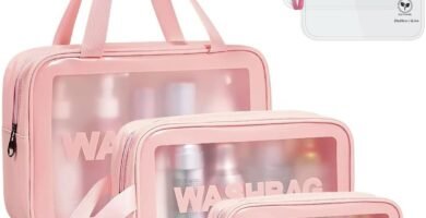 WUBAYI 5Pcs Clear Toiletry Bag, Waterproof PU Makeup Bag with Zipper Handle, Portable Airport Cosmetic Bag for Women & Men, Travel Accessories Wash Bag for Travelling & Holiday (Pink)