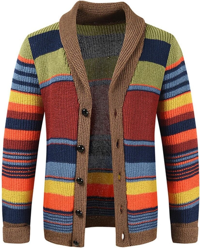 WWricotta Men’s Autumn And Winter Lapel Color Matching Knitted Cardigan Sweater Coat Tan Long Overcoat