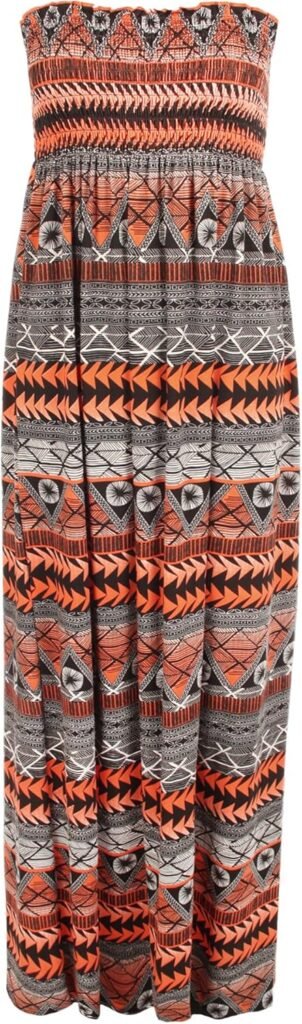 WearAll Plus Size Womens Printed Bandeau Strapless Shirred Ladies Long Maxi Dress – 16-22