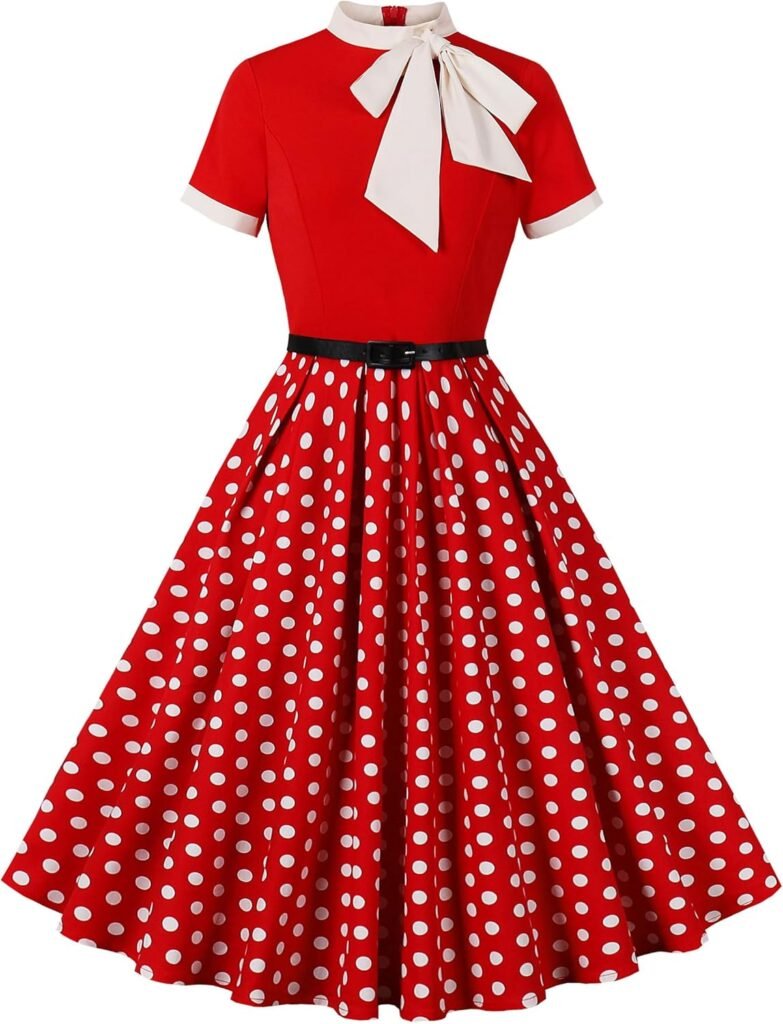 Wellwits Women’s Bow Neck Polka Dots Formal Cocktail 50s Vintage Dress