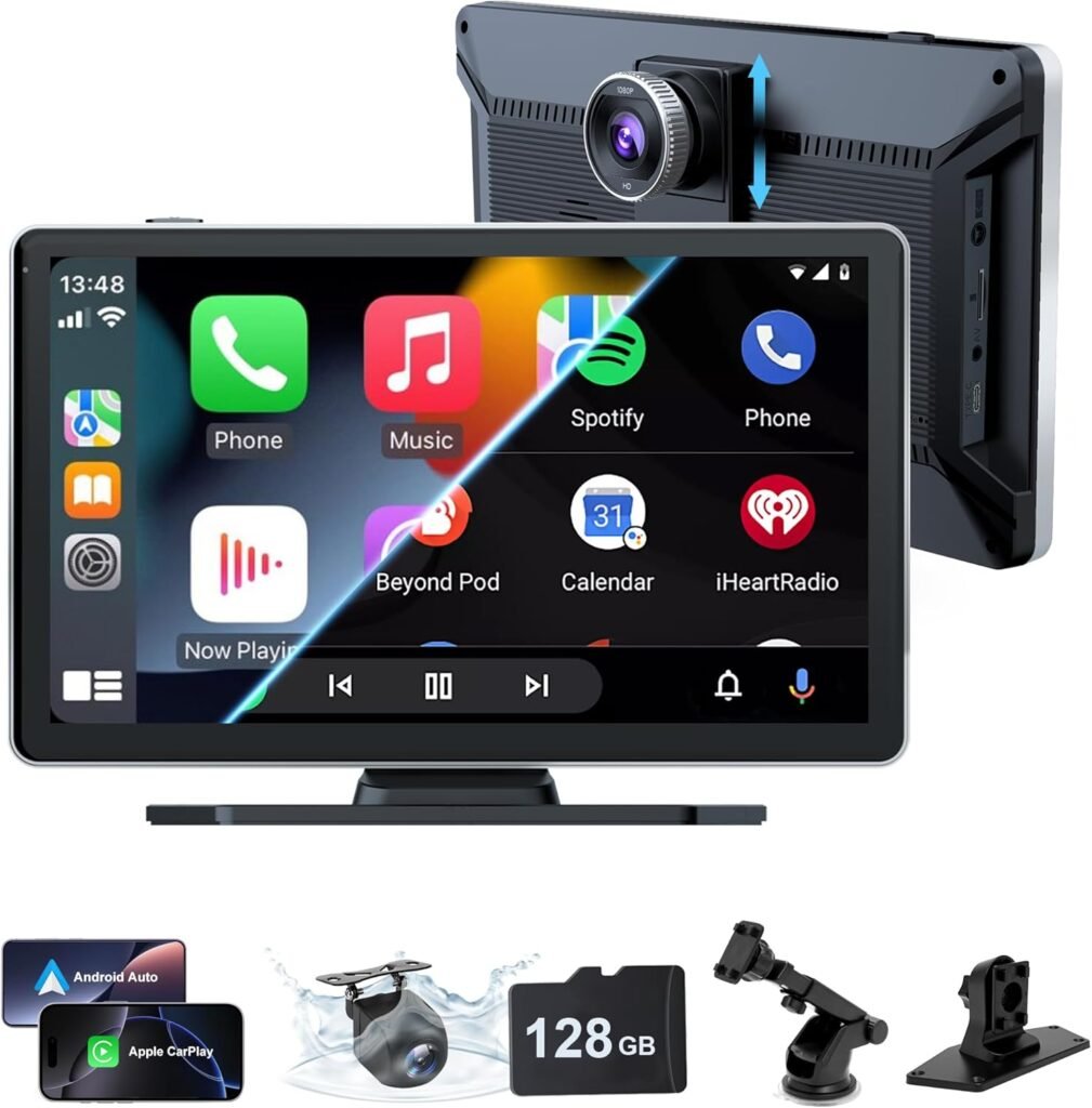 Wireless Car Stereo, 9 Inch Portable Car Audio,Car Screen with 2.5K Front + Rear 1080P Dual Camera Dash Cam，Wireless CarPlay with Mirror Link/S-iri/AUX