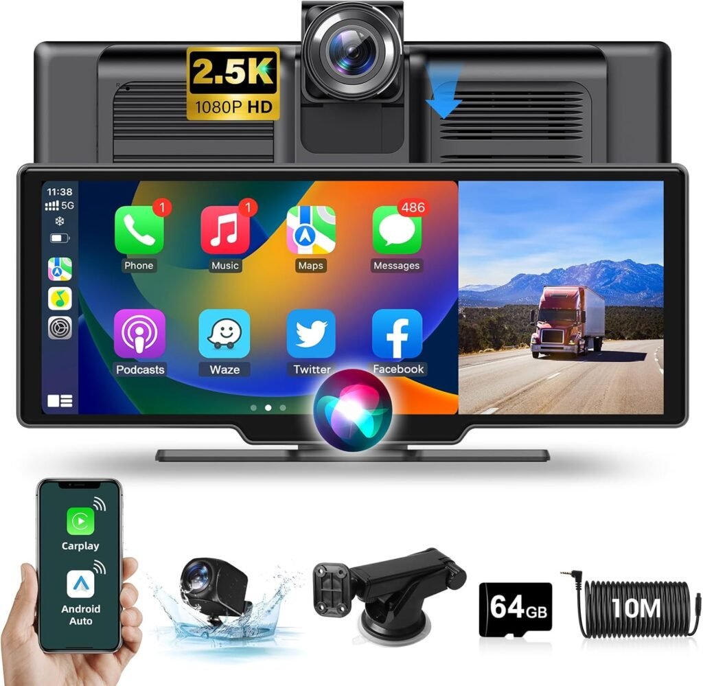 Wireless Carplay & Android Auto Screen with 2.5K Dual Dash Cam, 10.26” HD IPS Screen Portable Driveplay with Dual Bluetooth Mirror Link Siri 64G SD Card