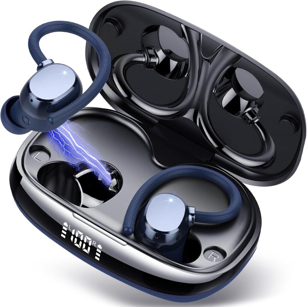 Wireless Earbuds, Bluetooth 5.3 Headphones Deep Bass, 80H Wireless Headphones with 4 HD ENC Noise Cancelling Mic, Wireless Earphones IPX7 Waterproof, Ear Buds with Earhooks for Sport/Gym, Blue Pro