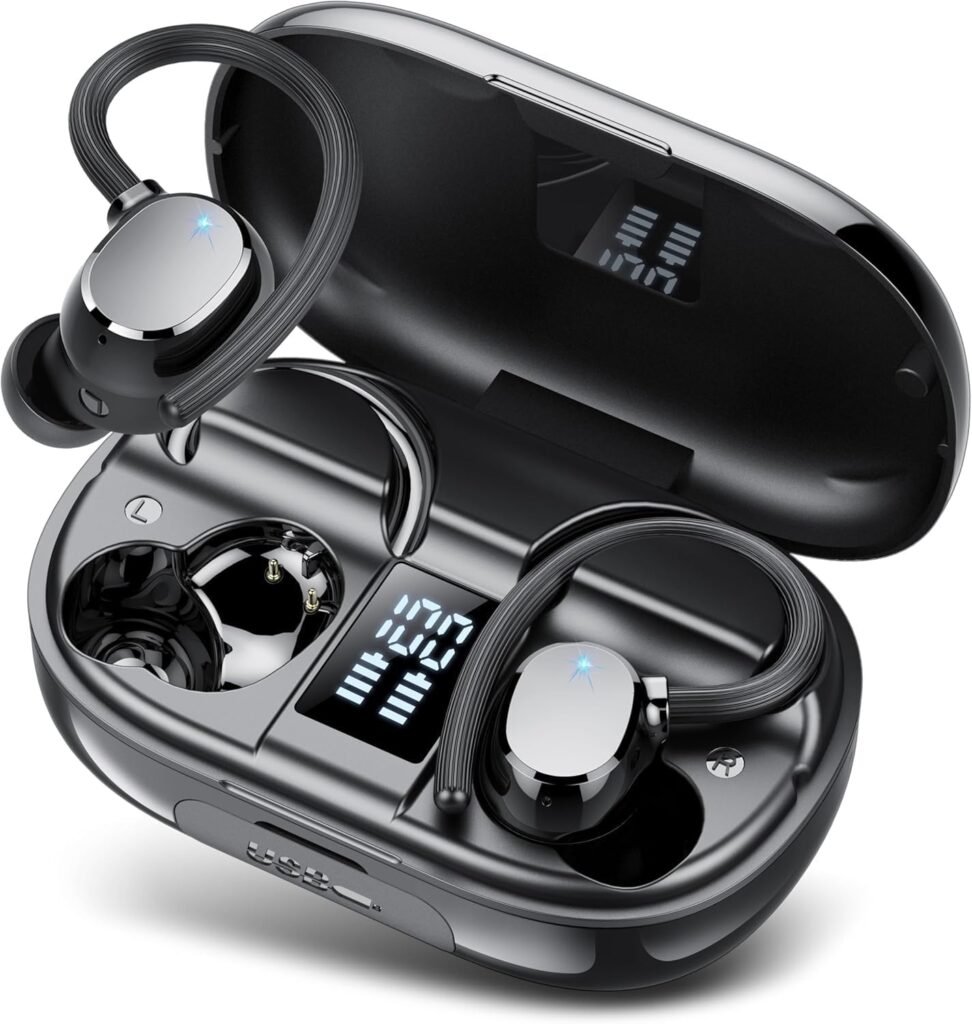 Wireless Earbuds, Bluetooth 5.3 Headphones Sport with 4 ENC Noise Cancelling Mic, 128H Wireless Earphones with Earhooks HiFi Stereo Deep Bass, IP7 Waterproof, Wireless Headphones for Sport/Gym/Running