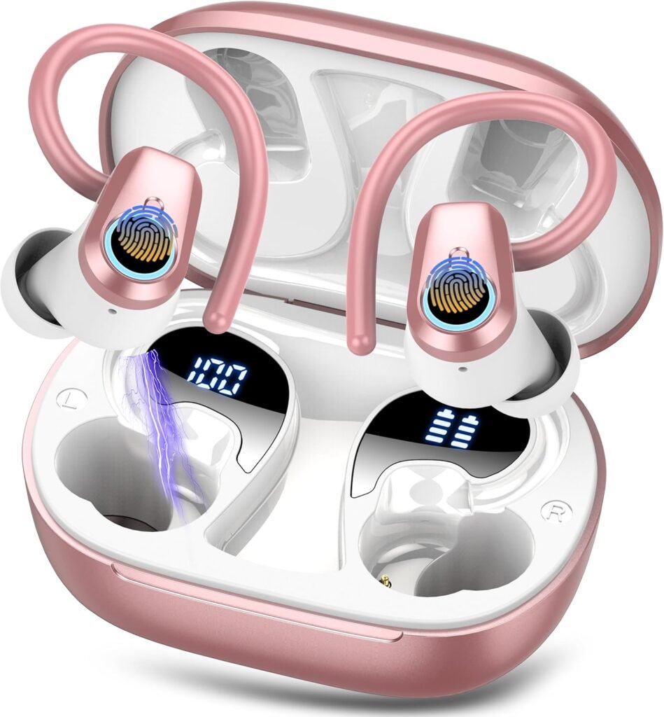 Wireless Earbuds, Bluetooth 5.3 Headphones with 4 ENC Noise Canceling Mic, 50H Stereo Dual LED Display Ear Buds, Sport Wireless Earphones with Earhooks, IP7 Waterproof Wireless Headphones, Rose Gold Wireless Earbuds, Bluetooth 5.3 Headphones with 4 ENC Noise Canceling Mic, 50H Stereo Dual LED Display Ear Buds, Sport Wireless Earphones with Earhooks, IP7 Waterproof Wireless Headphones, Rose Gold