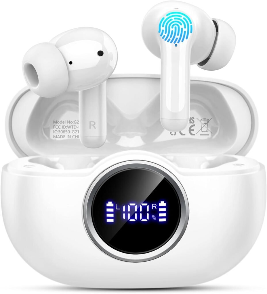 Wireless Earbuds, Bluetooth 5.4 Headphones in Ear New Wireless Headphones with 4 ENC Noise Cancelling Mics, Deep Bass Stereo Wireless Earphones 36H Playtime, Ear Buds IP7 Waterproof/LED Display/White