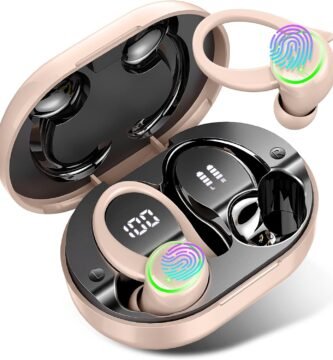 Wireless Earbuds, Bluetooth 5.4 Headphones with 4 ENC Noise Canceling Mic, 50H Playtime Stereo Wireless Earphones with LED Display, Over Ear Buds with Earhooks, IP7 Waterproof for Sport, Light Pink