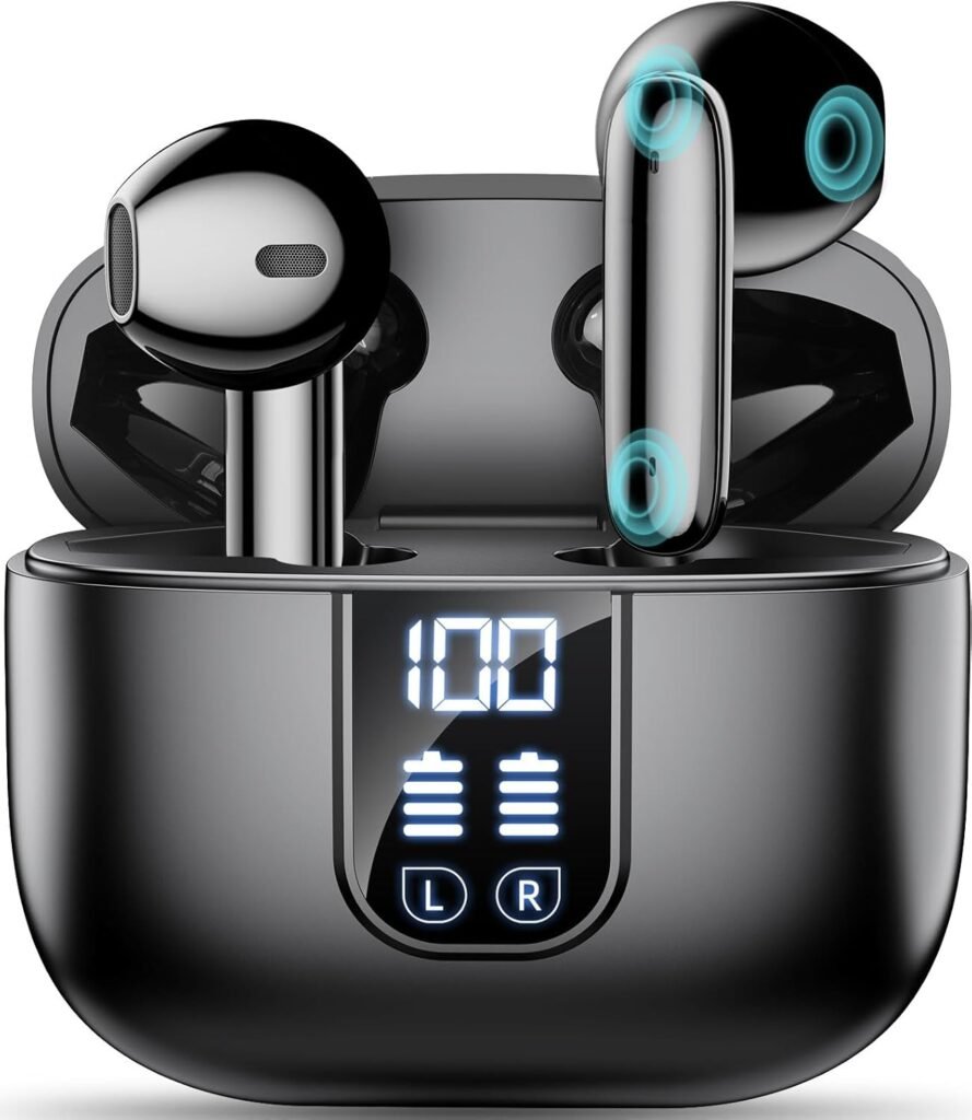 Wireless Earbuds Bluetooth 5.4, in Ear buds 6-Mic ENC Noise Cancelling(Clearer Call) Mini Earphones Deep Bass HiFi Stereo,LED Power Display 35H Playtime IP7 Waterproof Headphones for Android iOS Black