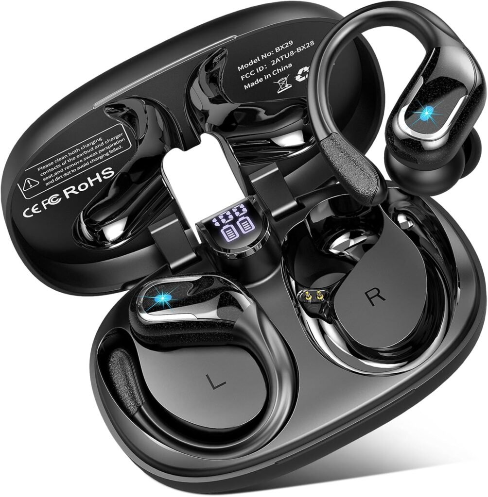 Wireless Earbuds Sport, Bluetooth 5.4 Headphones 75H Playback Over-Ear buds with 4 ENC Noise Canceling Mic, Wireless Headphones Deep Bass Earphones with Earhooks IP7 Waterproof LED Display for Running