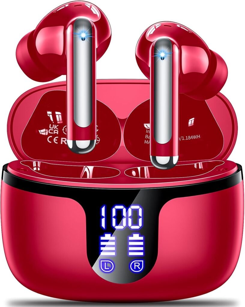 Wireless Earbuds,Wireless Headphones Bluetooth 5.3 Earphones with 4 HD Mic,2024 NEW 50H Bluetooth Earphones in Ear,HiFi Stereo Deep Bass,ENC Noise Cancelling Ear buds IP7 Waterproof LED Display Red
