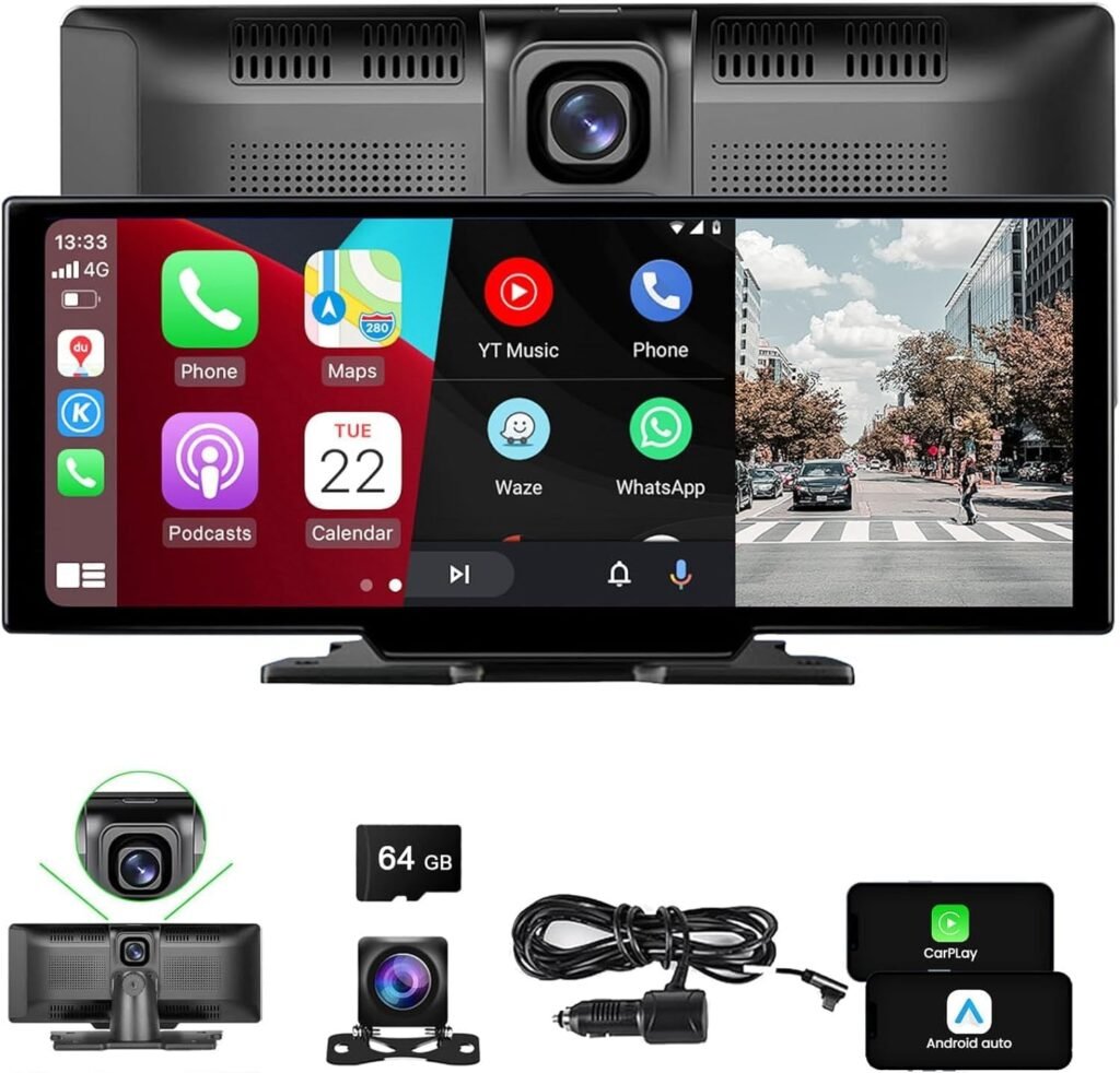 Wireless Portable Carplay With 2.5K Dashcam, Wireless Apple Carplay and Android Auto, Voice Control, Screen with Rear View Camera, Bluetooth, GPS Navigation, Mirror Link