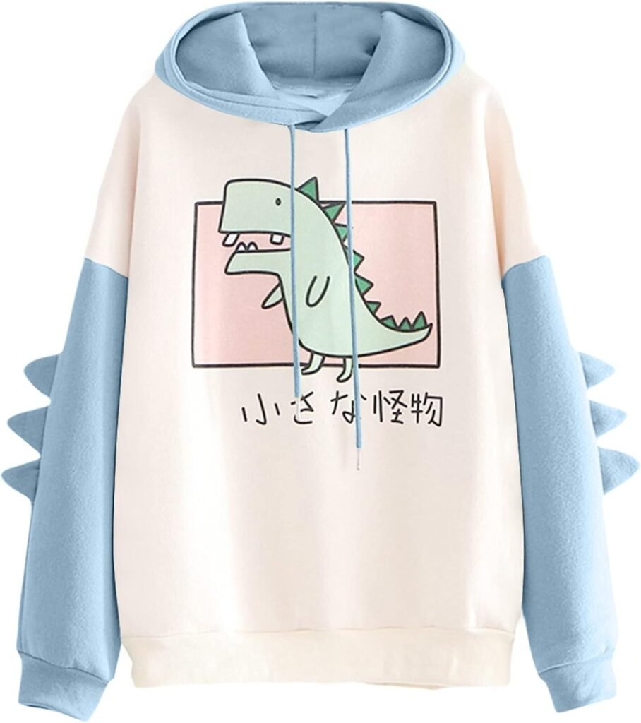 Women Dinosaur Hoodie Long Sleeve Splice Cartoon Cute Sweatshirt Teens Girls Casual Pullover Girls Anime Cosplay Jumper Sweater