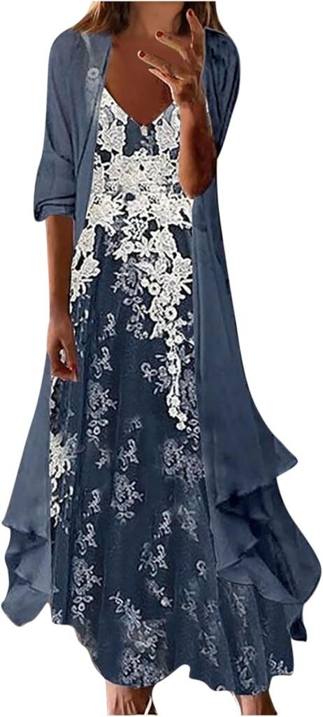 Women Dresses Clearance,Ladies Summer Long Sleeve Smock + Dress Two Piece Set Long Dress Beach Maxi Dress UK Size Sale Work Dress Office Dress Plus Size Wedding Guest Dress