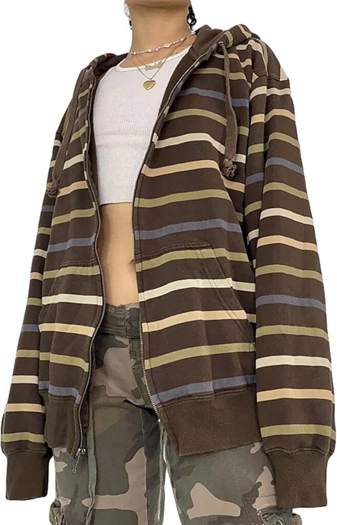 Women Striped Oversized Zip Up Hoodie Full Zipper Sweatshirt Jackets Teen Girls Grunge Aesthetic Hoodie