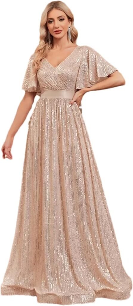 Women V-Neck Short Sleeves Formal Evening Dress Sequins Wedding Party Prom Maxi Cocktail Gown Women V-Neck Short Sleeves Formal Evening Dress Sequins Wedding Party Prom Maxi Cocktail Gown