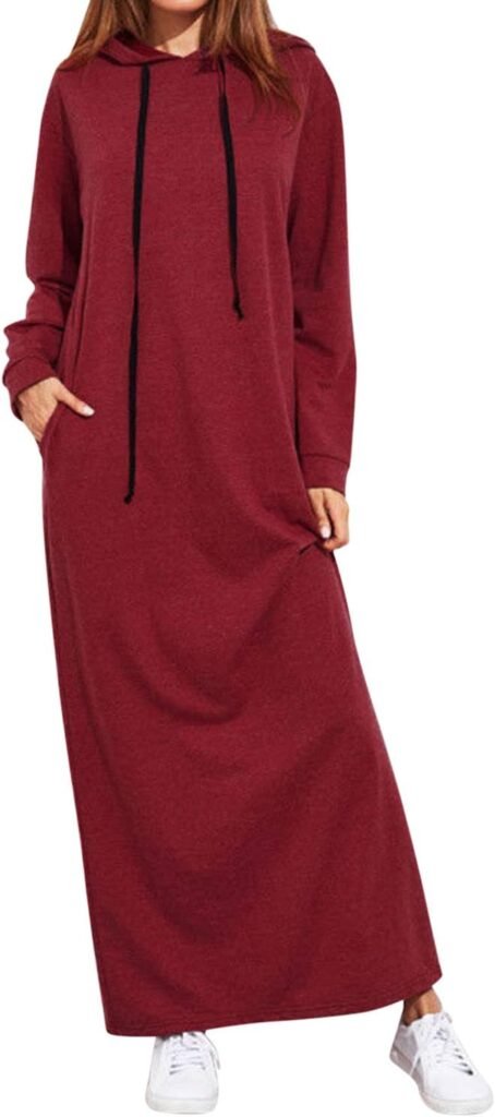Womens Casual Loose Maxi Dress Drawstring Hooded Sweatshirts Long Sleeve Solid Color Pullover Long Tops