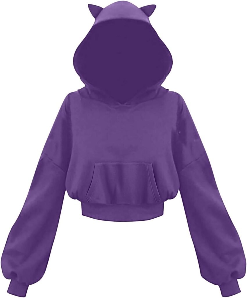 Womens Cat Ear Hoodie Sweatshirt Long Sleeve Sweater Cat Cute Crop Top Hoodies Pullover with Front Pocket Teen Girls Y2K Streetwear