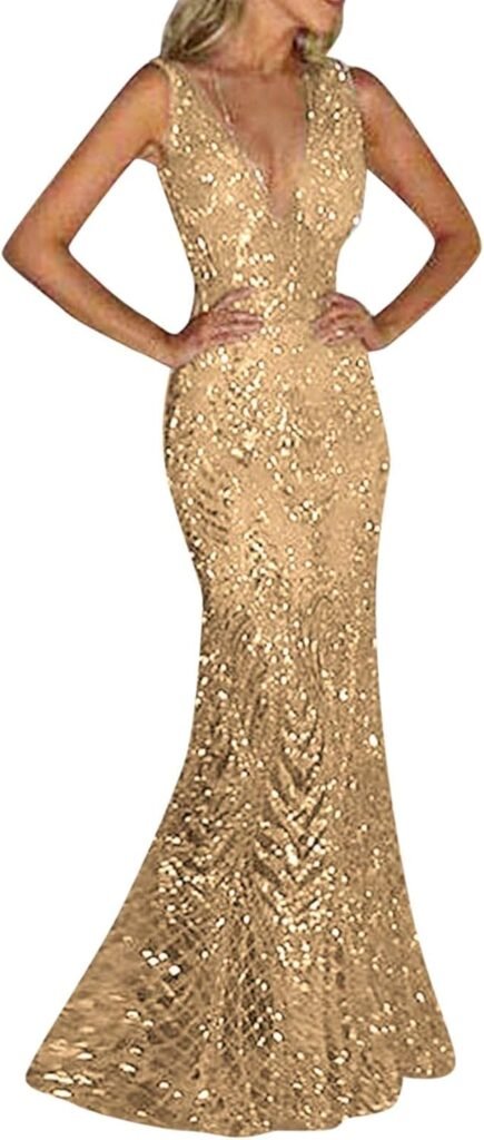 Women’s Evening Dresses Elegant for Wedding Long Party Dress Glitter V-Neck Sleeveless Backless Tight Long Dresses Bodycon Midi Dress Bridesmaid Dresses Maxi Dresses Women’s Summer Dress Festive