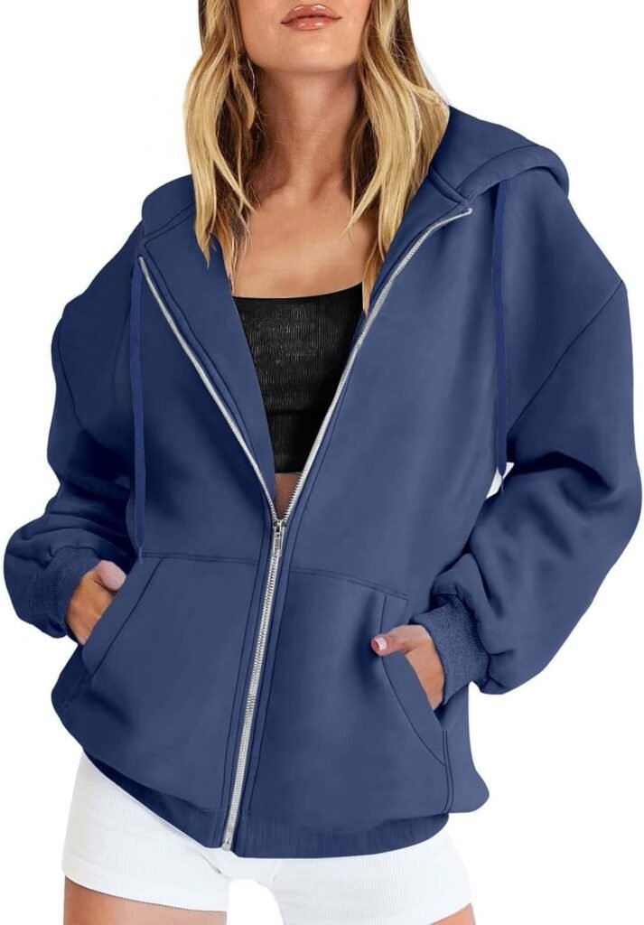 Women’s Fall Jacket Oversized Pocket Sweatshirt Casual Drawstring Clothing Zipper Track Jacket Solid Color Long Sleeve Hooded Top Womens plus Size Sweaters 5