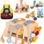 Wooden Toys Kids Tool Set with Apron Kids Toys Montessori Toys for 3 4 5 Year Old Boys Girls Gift Role Play Educational Construction Toys Toddler Tool Box Kids Tool Bench Boys Girls Kids Toys Age 3 4