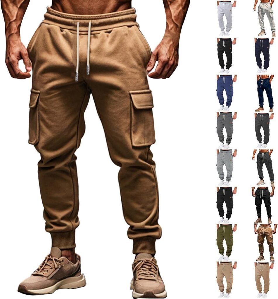 Wrok Trousers for Men UK Mens Winter Fleece Casual Cargo Multi Pocket Sports Casual Pants Pottery Slipper Trousers Men’s Simple Stylish More Pockets Leisure Work Winter Padded Trousers Sweatpants