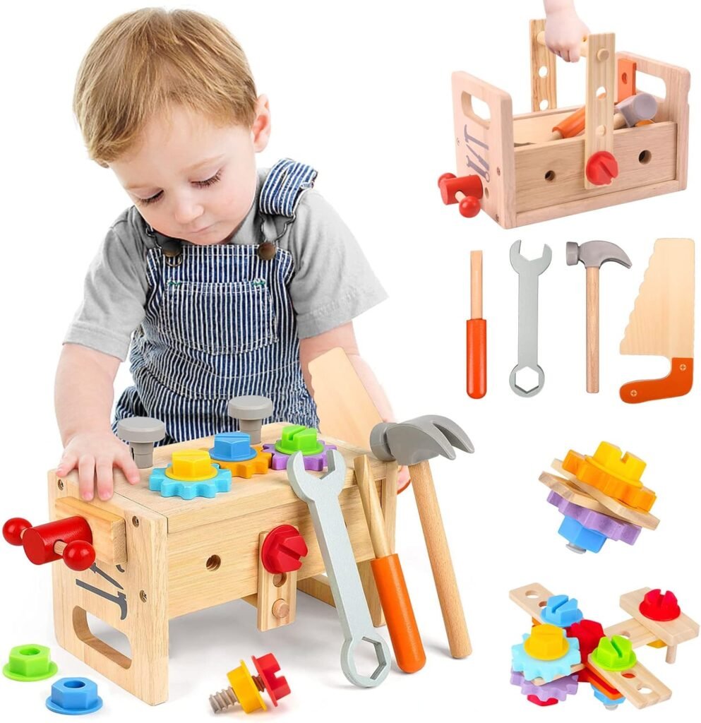 XIAPIA Kids Tool Set Wooden Toys Role Play Toys Tool Box Kids Educational Montessori Construction Toys Easter Birthday Gifts for Boys Girls Toddle Ages 3 4 5 6