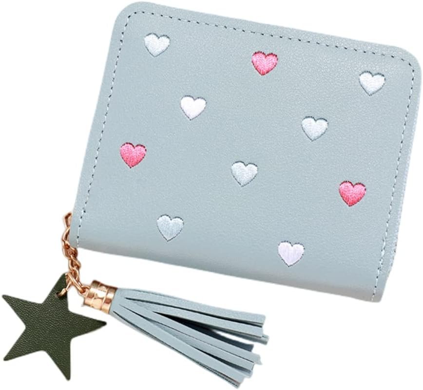 XINTONG Womens Purse Wallet with Star Pendant PU Leather Wallets Womens Credit Card Holder Small Purses with Metal Zipper for Kids Teens Girls (Blue)
