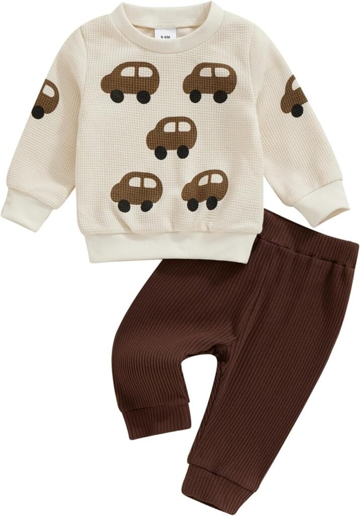 XIXIMAON Toddler Kids Boy Fall Waffle Warm Tracksuit Set Car Print Crew Neck Long Sleeve Sweatshirt Solid Color Trousers Set 2pcs Baby Boy Clothes