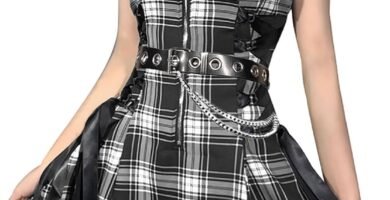 XKBHYD Womens Plaid Mini Dress Gothic Summer Dress Punk Sexy Halter Dresses Emo Grunge A-line Zipper Dress