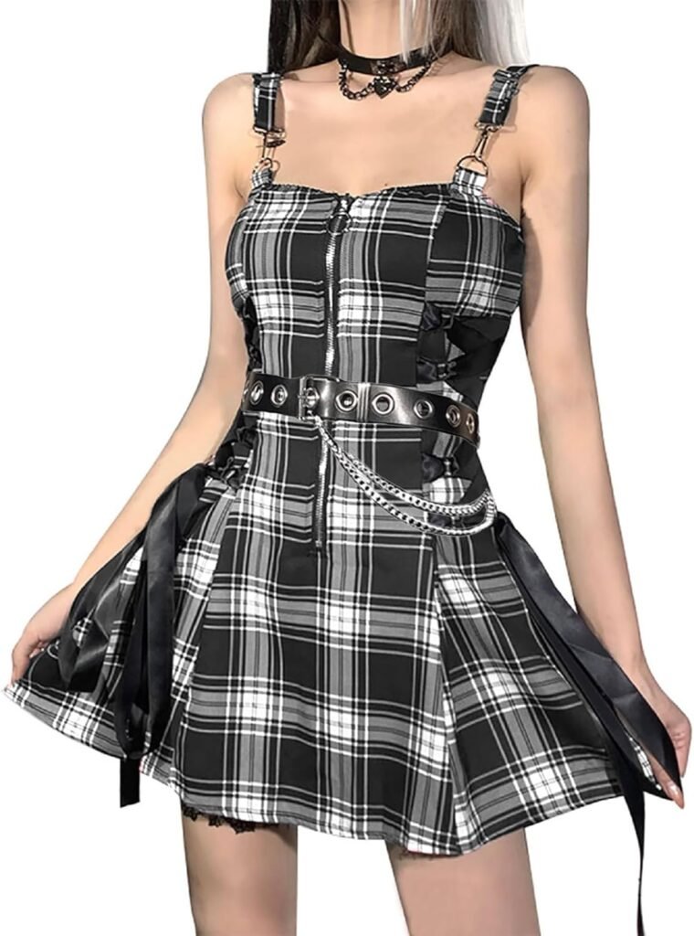 XKBHYD Womens Plaid Mini Dress Gothic Summer Dress Punk Sexy Halter Dresses Emo Grunge A-line Zipper Dress