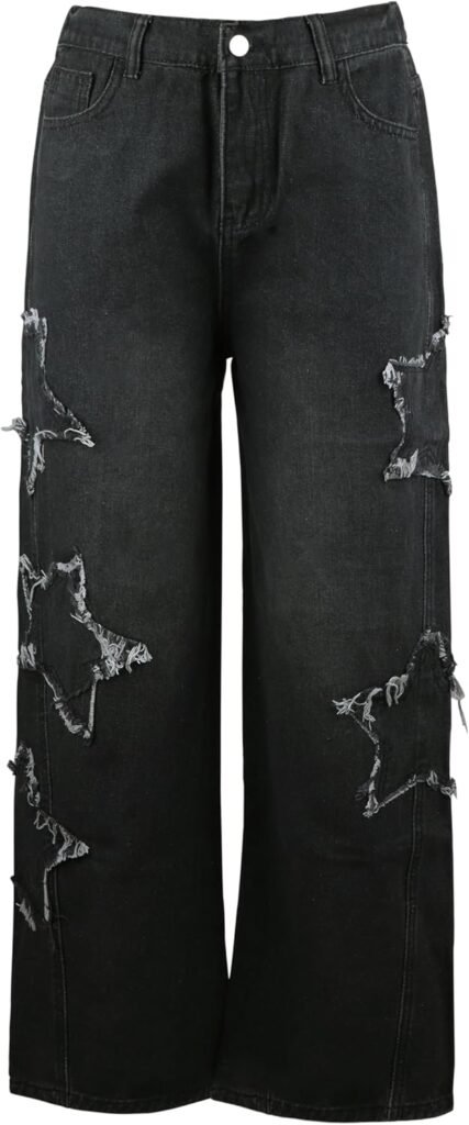XKBHYD Womens Y2K Baggy Jeans E-Girl Casual Streetwear Star Print Pants Denim Jeans Classic Straight Leg Trousers