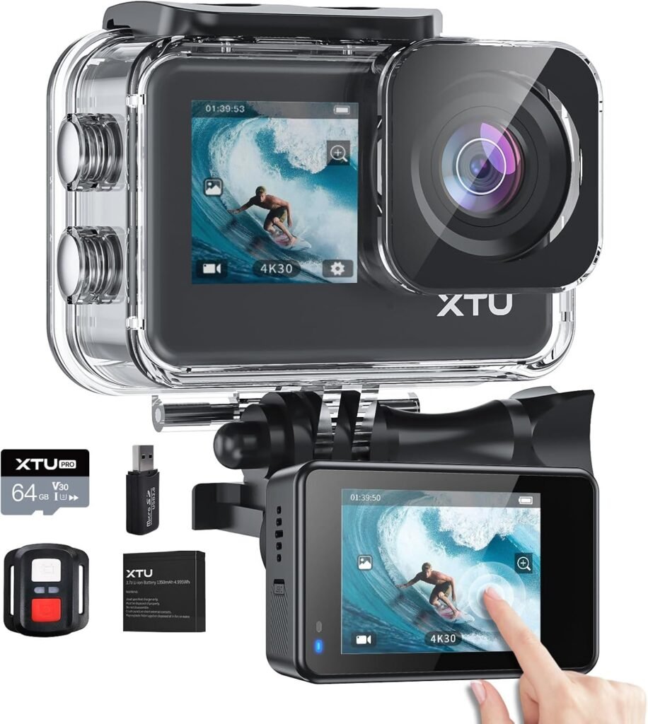 XTU Action Camera 4K30FPS 20MP with 64GB Micro SD Card WiFi 40M Waterproof Underwater Camera, Super Smooth Stabilisation 4.0 Cam with Touch Screen, Voice Control,170 Degree Wide Angle, Accessories Kit