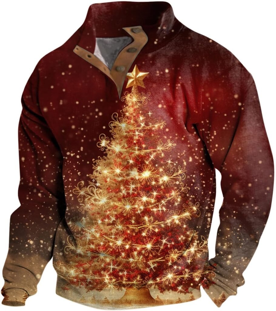 Xmas Jumpers for Men UK Funny Novelty Stand Collar Fall Santa Sweatshirts Casual Long Sleeve Winter Jumpers Xmas Clothes Warm Loose 3D Printed Sweaters Outdoor Button Down Pullover