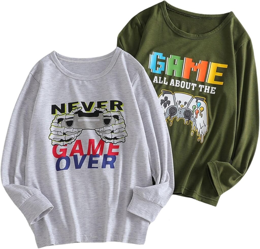 Xumplo Boys 2-Pack Long Sleeve T-Shirt Kids Game Shirts Teens Crew Neck Letter Print Tee Tops (White/Green)