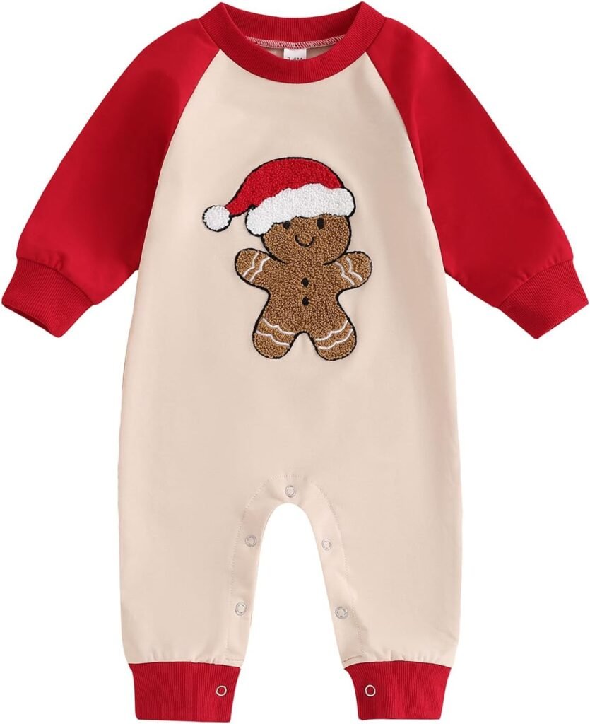 YILEEGOO My First Christmas Outfit,Gingerbread Man Embroidery Romper Long Sleeve Crew Neck Bodysuit Full Length Jumpsuit for Boys and Girls Fall Clothes