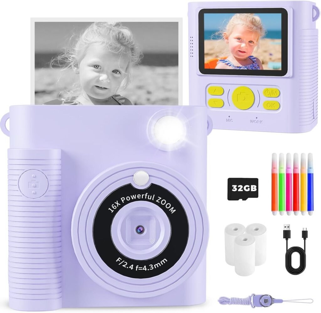 YMEDSUM Kids Camera Instant Print,Instant Camera for Kids with 2 Shutters,1080P Kids Instant Digital Camera,32G SD Card,3 Roll Paper,Christmas Birthday Toys Gifts for 3 4 5 6 7 8 9 10 ears old Girls