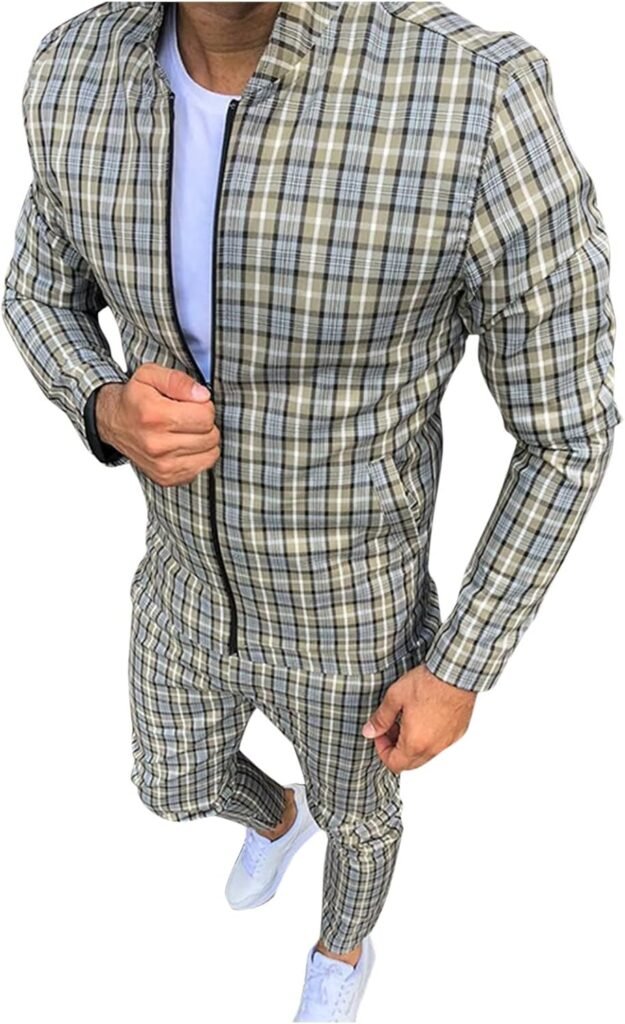 YOUYING Tracksuits for Men Plaid Full Zip Jacket and Pants Sweatsuits Casual Slim Fit Workout Jogging Sports Set with Pockets