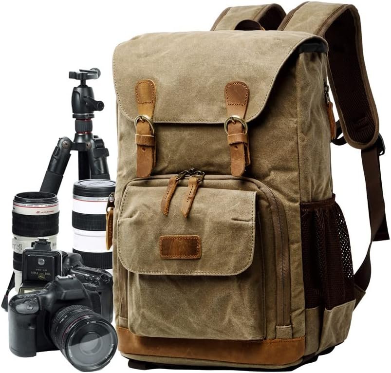 YUHAN Camera Bag, Canvas SLR DSLR Camera Backpack Large Capacity Front Open Waterproof Anti-shock Camera Rucksack Camera Travel Bag Professional Camera Lens Organizer Khaki YUHAN Camera Bag, Canvas SLR DSLR Camera Backpack Large Capacity Front Open Waterproof Anti-shock Camera Rucksack Camera Travel Bag Professional Camera Lens Organizer Khaki