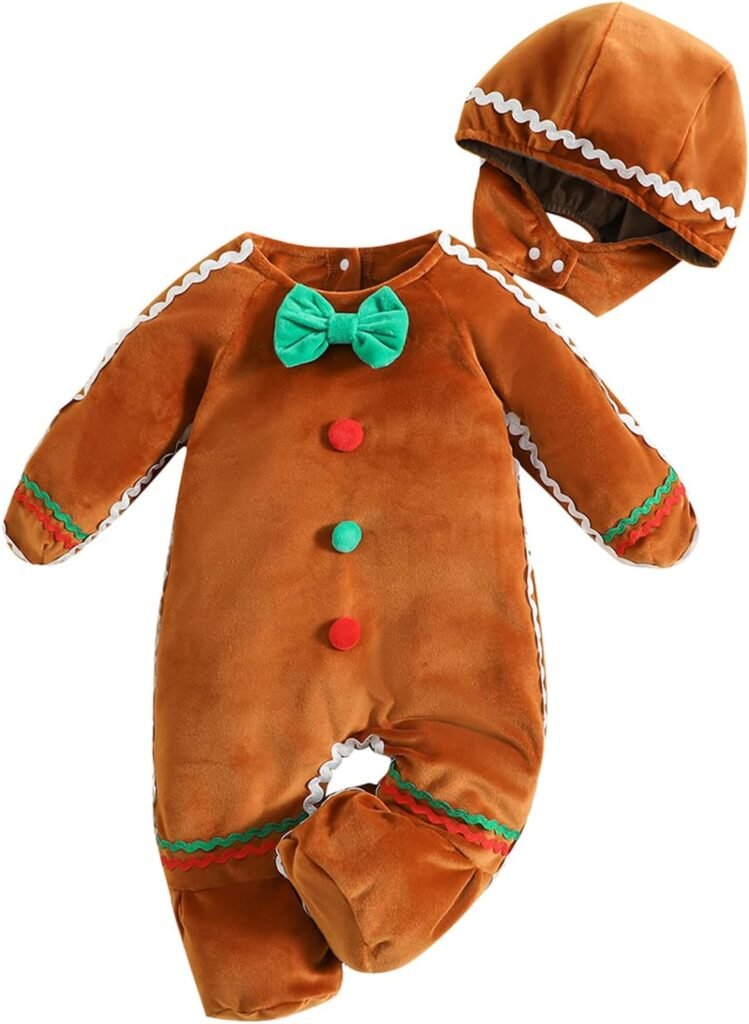 Yoisdtxc Toddler Baby Girl Boy Gingerbread Man Romper Bow Tie Hooded Jumpsuit Fall Winter My First Christmas Outfit With Hat