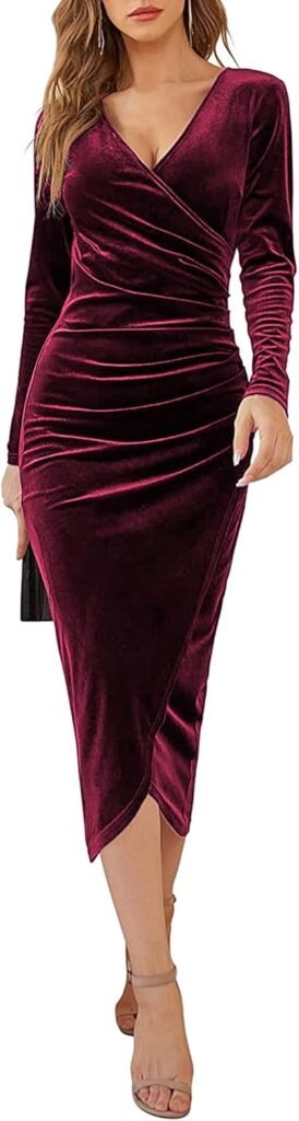 Yutdeng Womens Wrap V-Neck Dress Velvet Elegant Long Sleeve Mermaid Cocktail Dress Evening Gowns Long Ruched Party Dresses for Slim Ladies Dinner Dance Fancy Party Ball