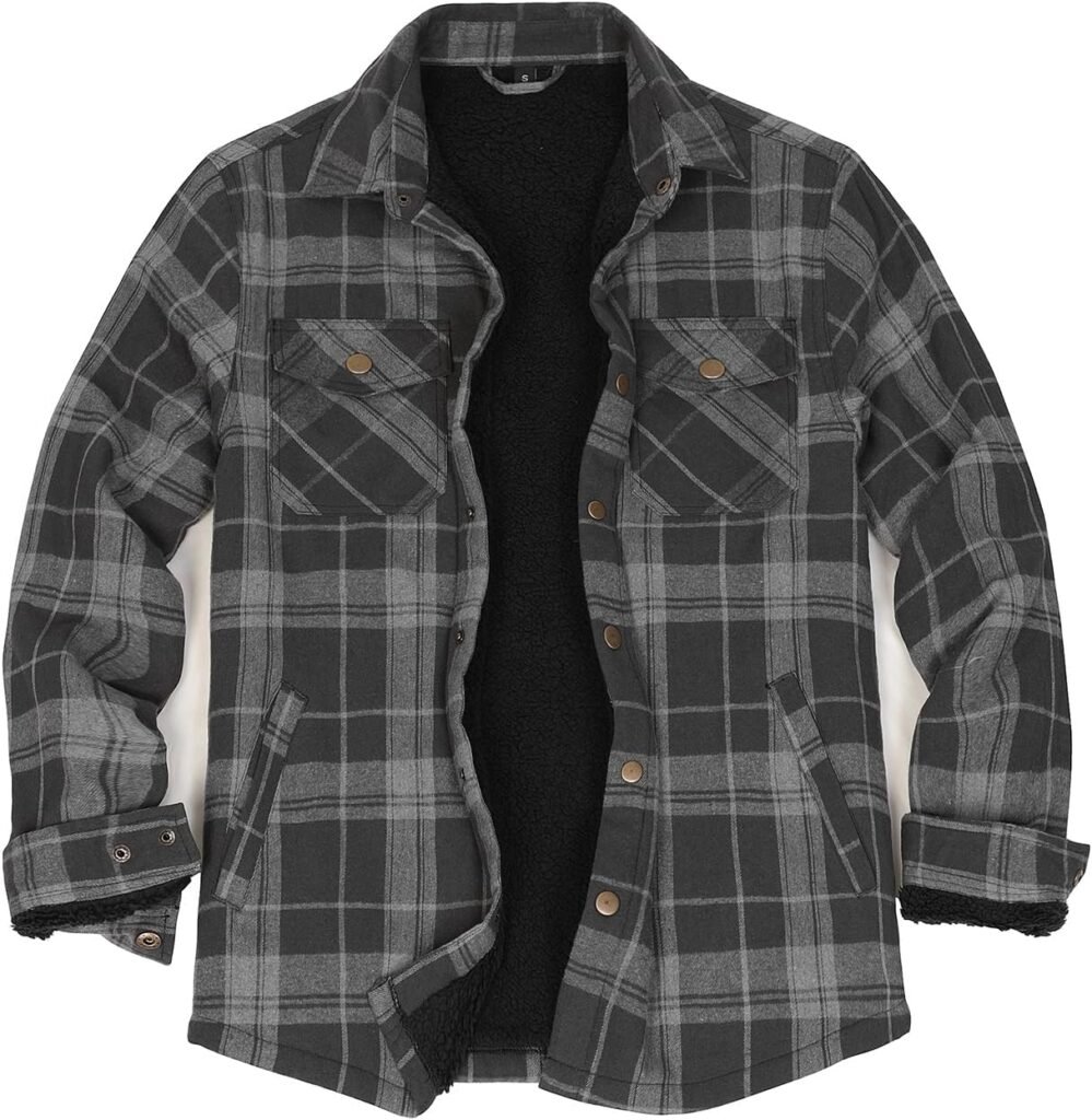 ZENTHACE Men’s Sherpa Lined Flannel Shirt Jacket,Long Sleeved Brushed Plaid Flannel Shacket Jackets,Snap Button