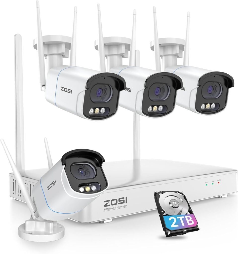 ZOSI 2.5K Spotlight Wireless CCTV Camera System with Person Vehicle Detection, 8CH NVR with 2TB HDD, 4Pcs 4MP WiFi Surveillance Cameras Outdoor Indoor, Color Night Vision, 2-Way Audio, Siren Alarm