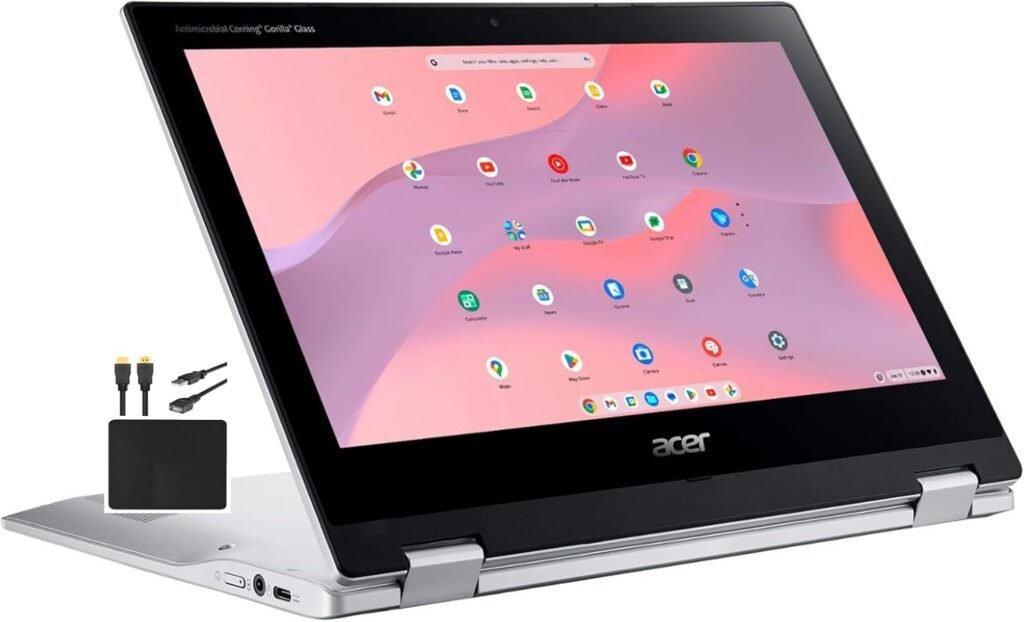 acer 2023 Newest X360 Chromebook Spin 2-in-1 Convertible Laptop Student Business,8-Core MediaTek MT8183C Processor,11.6‘ HD Touch IPS,4GB RAM,64GB eMMC,WiFi 5,Chrome OS+MarXSolCables,Pure Silver
