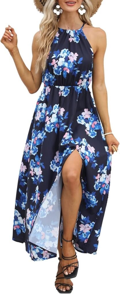 chuangminghangqi Womens Summer Dresses Boho Beach Floral Maxi Dress Halter Neck Sleeveless Split Hem Long Dresses for Women UK Sundress Ladies Holiday Essentials Party Prom Wedding Dress