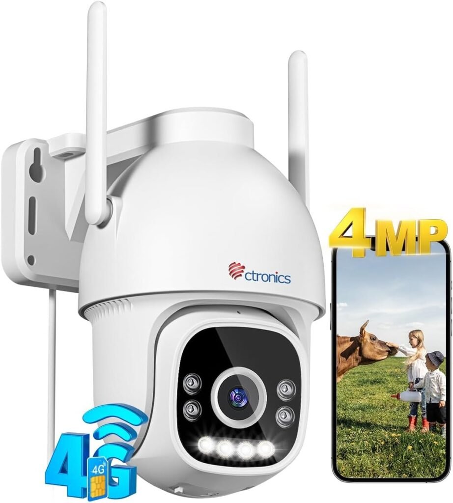 ctronics 2.5K 4MP 3G/4G LTE Cellular Security Camera with Sim Card, 2560×1440P PTZ IP CCTV Surveillance Camera Outdoor, Human Detection, Auto Tracking, Color Night Vision, Two-way Audio, IP66, White