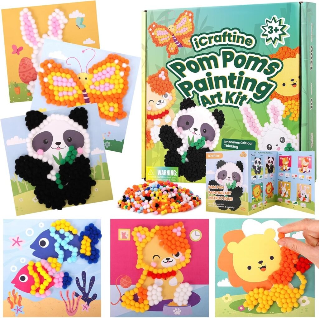 iCraftine Pom Poms Art & Crafts Kit for Kids Ages 2, 3, 4, 5, 6 – Easy Toddler Art Activity Craft for Kids Sensory Activities – Builds Fine Motor Skills & Hand-Eye Coordination – 6 Patterns iCraftine Pom Poms Art & Crafts Kit for Kids Ages 2, 3, 4, 5, 6 – Easy Toddler Art Activity Craft for Kids Sensory Activities – Builds Fine Motor Skills & Hand-Eye Coordination – 6 Patterns