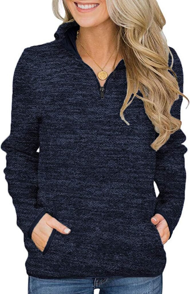 iWoo Womens Casual Sweatshirt Long Sleeve Stand Collar 1/4 Zip Cosy Tops Pullover with Two Pockets
