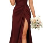 kopptioo Women’s Off Shoulder Mermaid Bridesmaid Dresses 2024 with Slit Long Ruched Satin Prom Dresses UKKP002