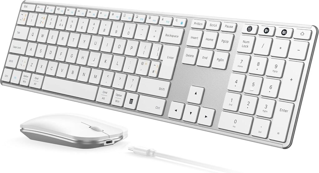 seenda JP-064-3 Rechargeable Wireless Bluetooth Keyboard Mouse, Multi-Device Ultra Slim Wireless Mouse and Keyboard Set for Windows, Mac OS, Laptop, Tablet, iPad, QWERTY UK Layout, White and Silver