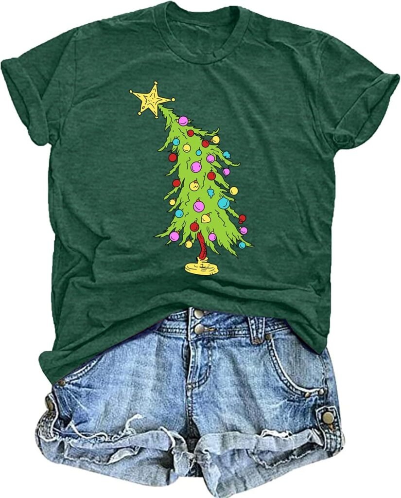 tiorhooe Womens Christmas T Shirt Ladies Xmas T Shirts Christmas Light Tree Shirt